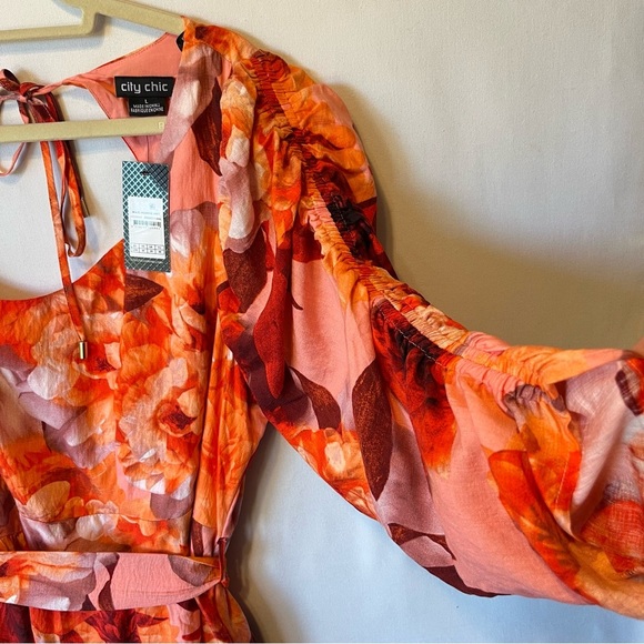 City Chic Poppie Print Maxi dress Size 20 NWT Orange Pink Puff sleeve Tied waist - Picture 5 of 9